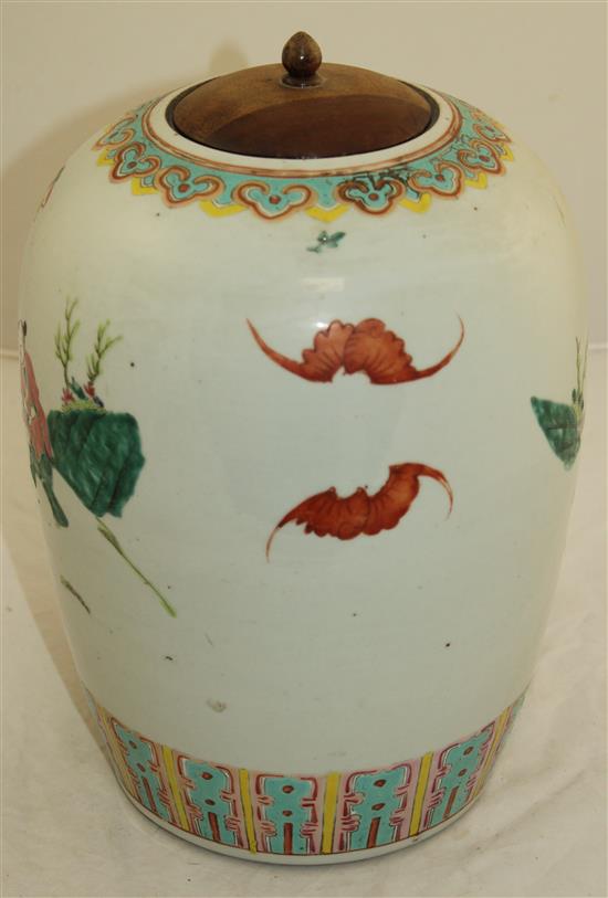 A Chinese famille rose ovoid jar, late 19th century, 32cm inc. wood cover